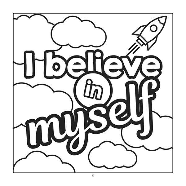 Positive Affirmations Coloring Book for Kids example page with "I believe in myself" coloring page