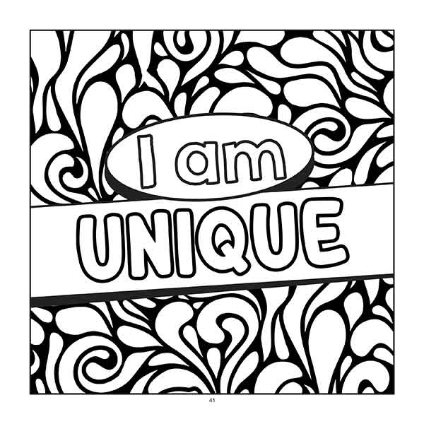 Positive Affirmations Coloring Book for Kids example page with "I am unique" coloring page