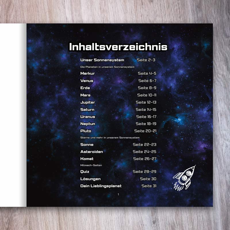 Planetenbuch für Kinder – Inhaltsverzeichnis mit Planeten, Sonne, Asteroiden, Komet und Quiz