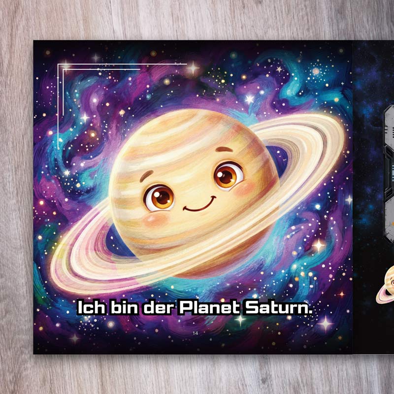 Weltraumbuch für Kinder – illustrierte Saturn-Doppelseite aus „Wir sind die Planeten“