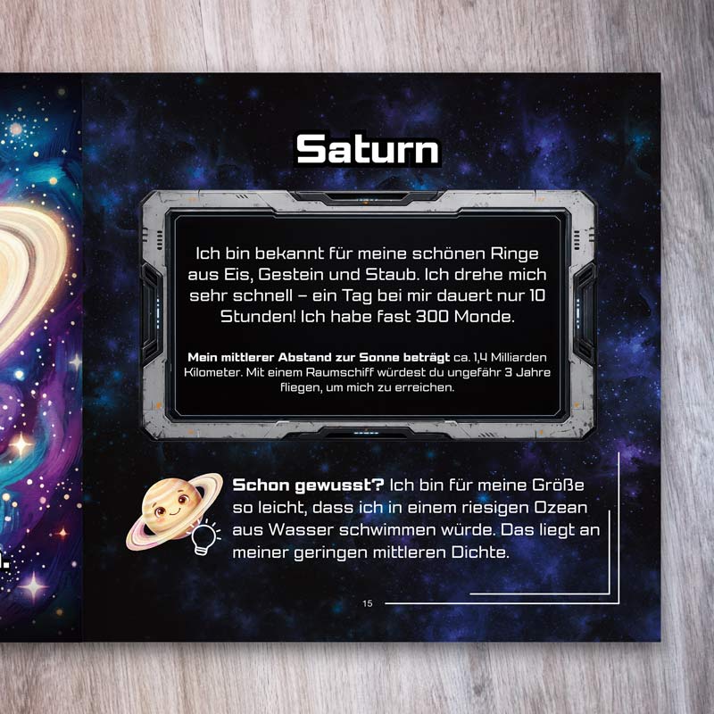 Sonnensystem für Kinder – Saturn-Seite mit kindgerechten Fakten und Schon-gewusst-Wissen