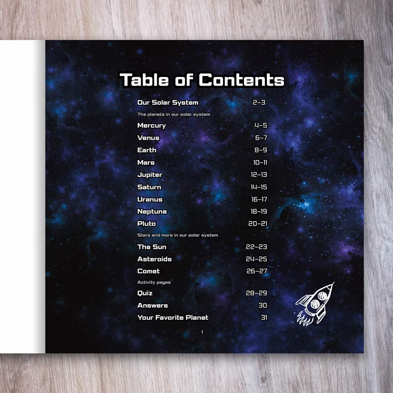 Solar system book for kids – table of contents with planets, the Sun, asteroids, comet, and quiz