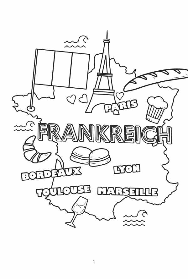Erdkunde Malbuch für Kinder Beispielseite mit Frankreich