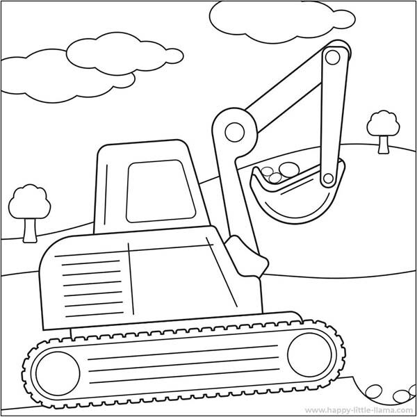 Free Excavator Coloring Page with an excavator digging a hole