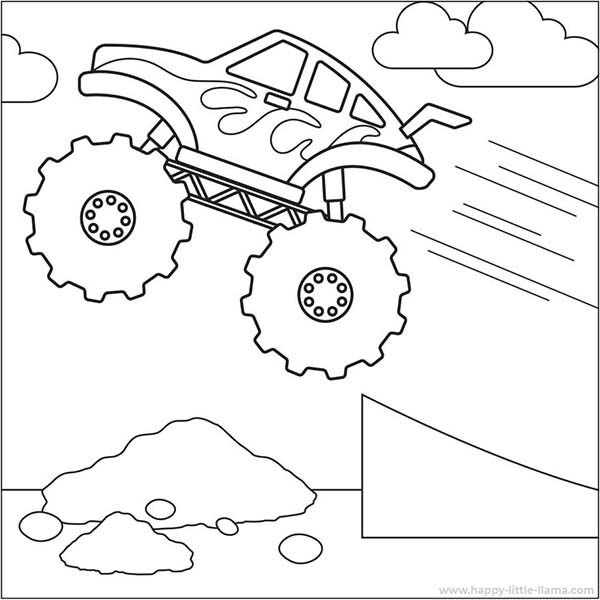 Free Monster Truck Coloring Page with a jumping monster truck