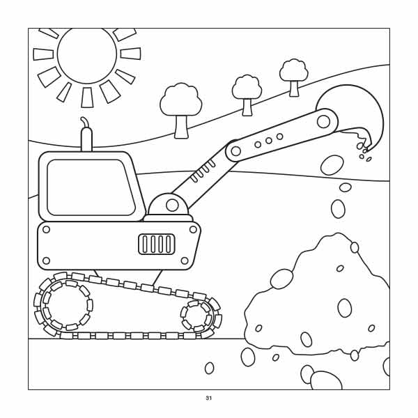 Construction Site Coloring Book for Toddlers example page with a digging excavator