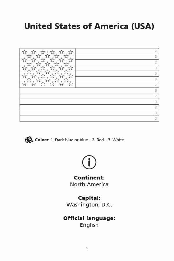 World Flag Coloring Book example page with USA flag and facts