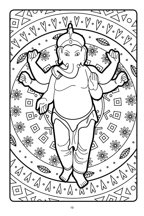 Hindu Coloring Book example page with Ganesha