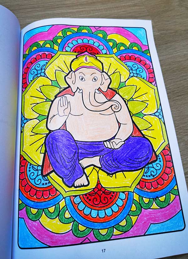 Hindu Coloring Book colored example page with Ganesha