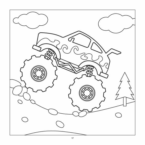 Monster Truck Malbuch für Kinder Beispielseite mit Feuer-Monstertruck