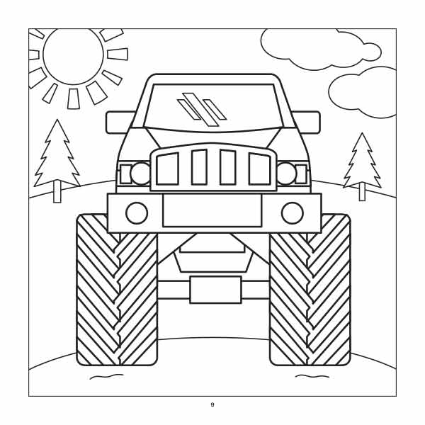 Monster Truck Coloring Book for Kids example page with a monster truck in the woods