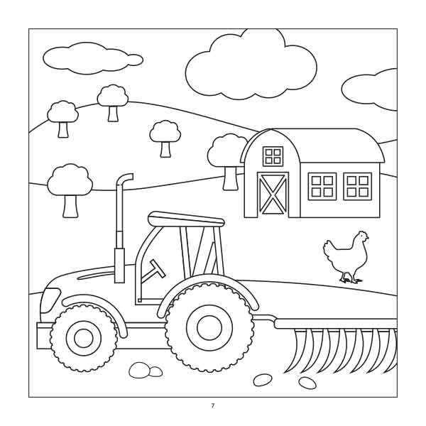 Traktor Malbuch für Kinder Beispielseite mit einem Traktor und Pflug auf dem Bauernhof