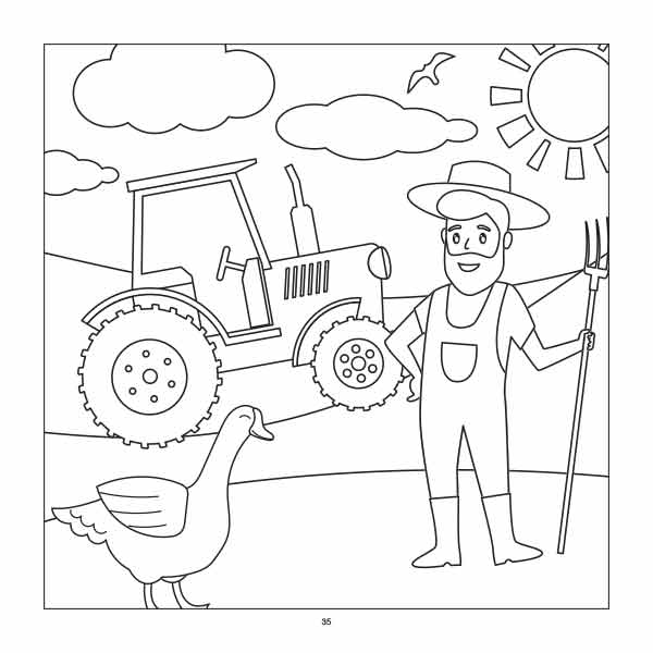 Tractor Coloring Book for Kids example page with a tractor and farmer on a farm