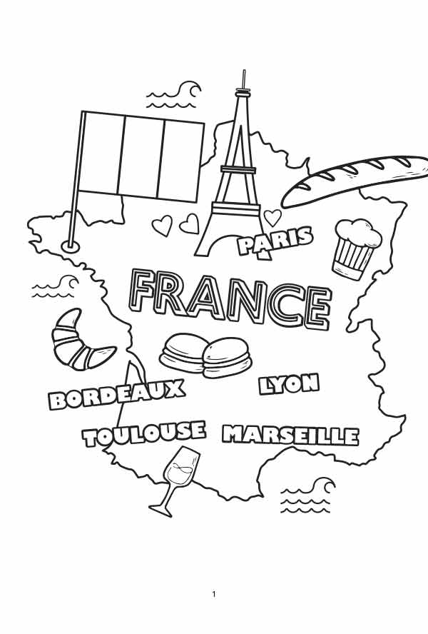 World Map Coloring Book for Kids example page with France map