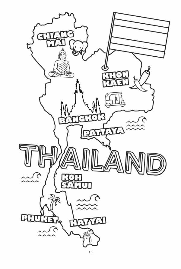 World Map Coloring Book for Kids example page with Thailand map