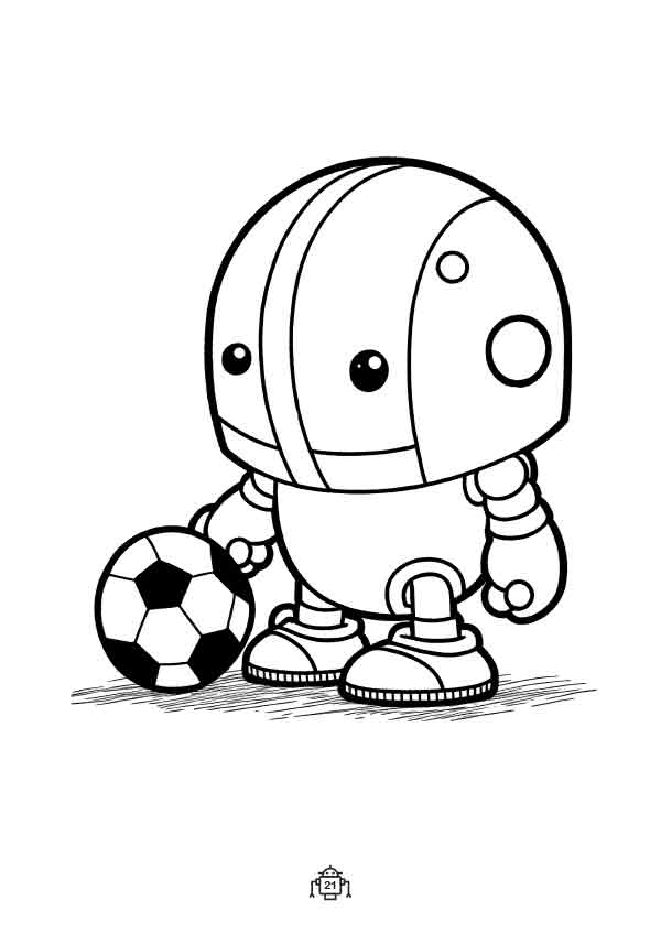 Roboter Malbuch für Kinder Beispielseite mit Fußball spielendem Roboter