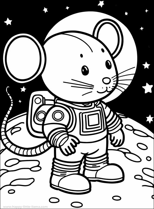 Kostenlose Ausmalseite für Kinder mit einer Maus im Weltraum