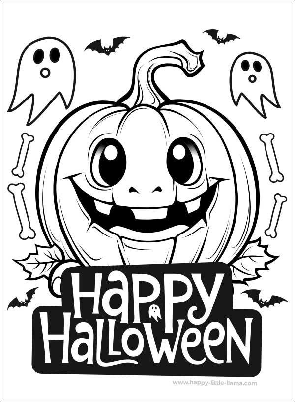 Kostenlose Halloween-Malvorlage für Kinder mit einem Kürbis und einem "Happy Halloween"-Schild