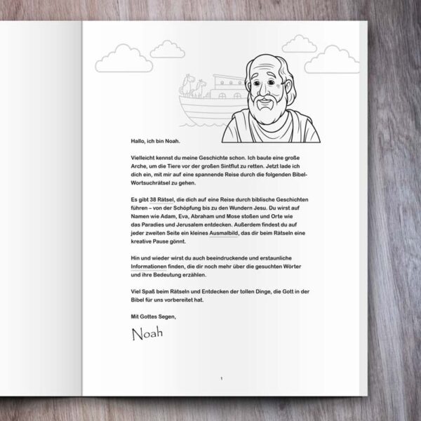 Bibel Wortsuche für Kinder Beispielseite mit Intro von Noah