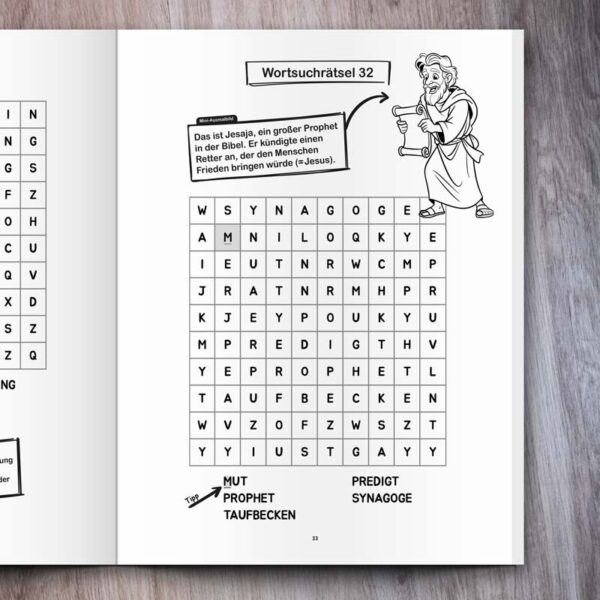 Bibel Wortsuche für Kinder Beispielseite und Mini-Ausmalbild vom Turm von Jesaja