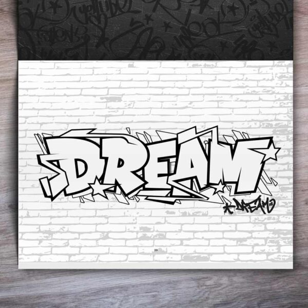 Graffiti Coloring Book for Kids and Teenagers example page with "Dream" graffiti